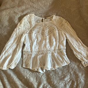 Free People White Lace Peasant Blouse - Boho Long Sleeve Top